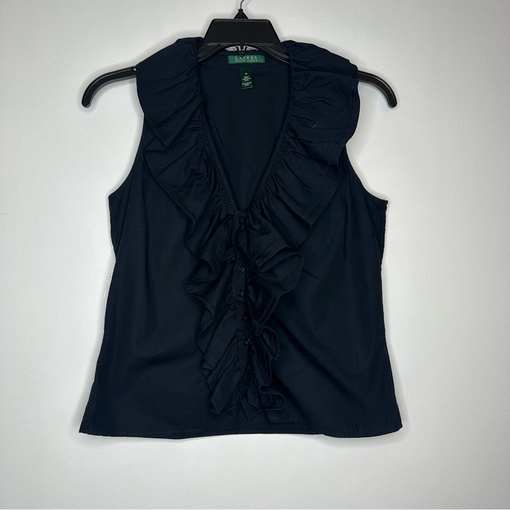 Ralph Lauren Black Ruffled Notched Collar Blouse